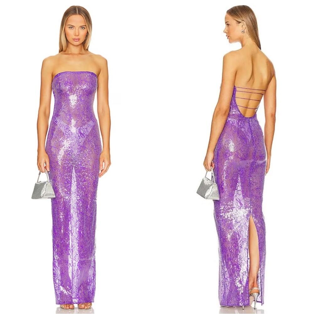 RETROFETE Lucia Sequin Strapless Bodycon Lace Sheer Purple Maxi Dress Size XXS